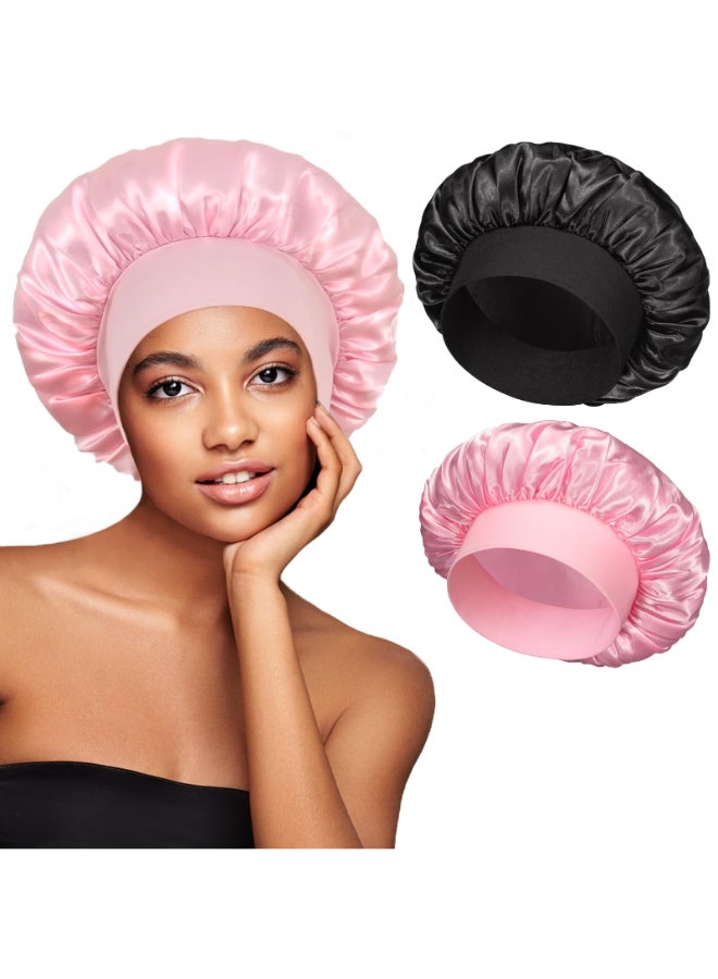vidsel 2pcs Satin Bonnets for Women Silk Hair Bonnet for Sleeping Wide Soft Band Large Silky Sleep Cap for Curly Hair Braids - Image 2