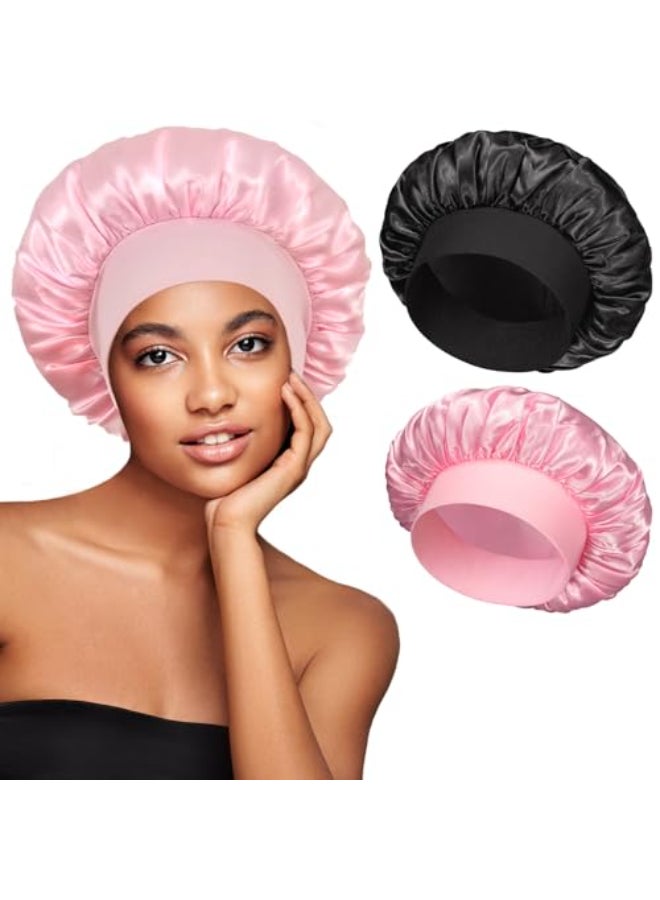 vidsel 2pcs Satin Bonnets for Women Silk Hair Bonnet for Sleeping Wide Soft Band Large Silky Sleep Cap for Curly Hair Braids - Image 1
