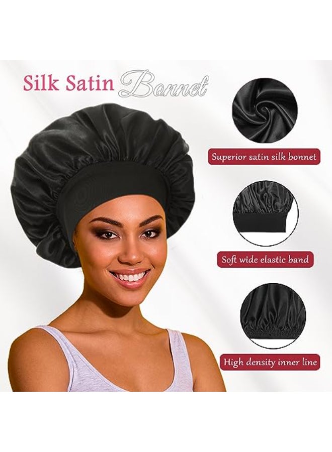 vidsel 2pcs Satin Bonnets for Women Silk Hair Bonnet for Sleeping Wide Soft Band Large Silky Sleep Cap for Curly Hair Braids - Image 3
