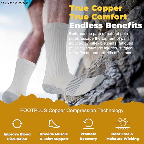 FOOTPLUS Copper Hiking Running Socks,Mens Womens Boys Girls Thick Cushioned Sole Compression Crew Soft Camping Mountain Climbing Travel Copper Socks, 3 Pairs White,Medium - Image 2