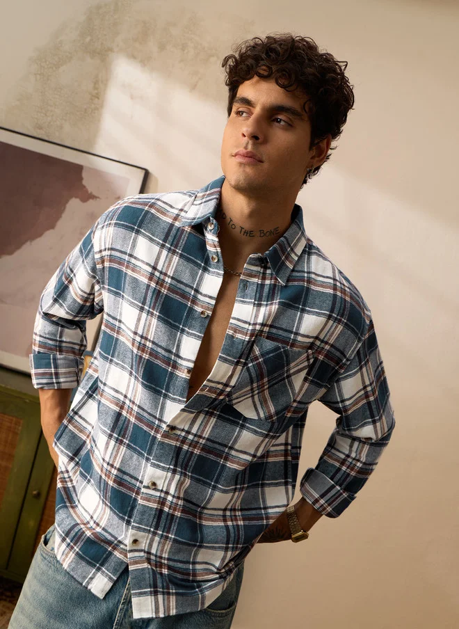 The Souled Store  The Souled Store Men Oversized Plaid Blue Shirt  | Best Price UAE