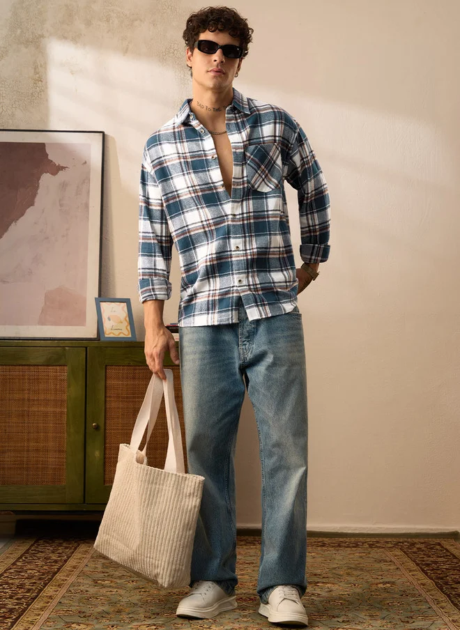 The Souled Store  The Souled Store Men Oversized Plaid Blue Shirt  | Best Price UAE