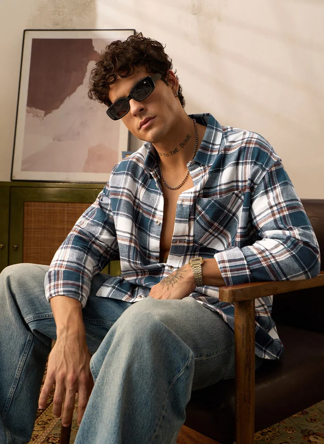 The Souled Store Men Oversized Plaid Blue Shirt