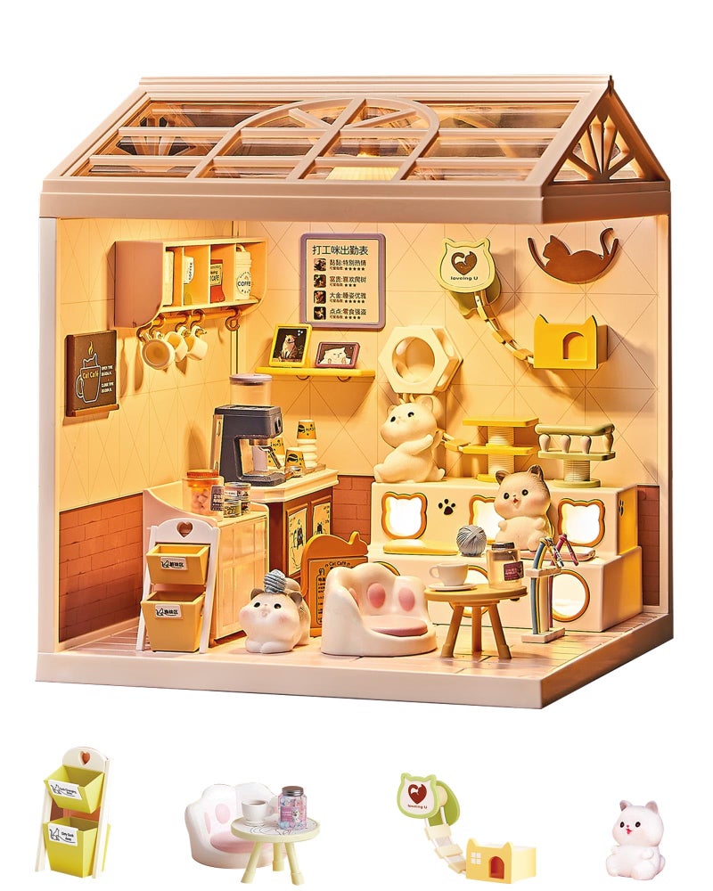 Kisoy DIY Miniature House Kit Tiny House Building Kit with Furniture and LED Light for Teens and Beginners DIY Mini House Craft Kit Christmas DecorationsGifts for Family and Friends Cat Cafe - Image 3