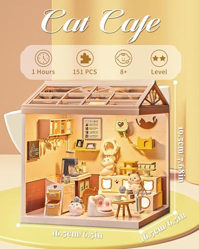 Kisoy DIY Miniature House Kit Tiny House Building Kit with Furniture and LED Light for Teens and Beginners DIY Mini House Craft Kit Christmas DecorationsGifts for Family and Friends Cat Cafe - Image 5