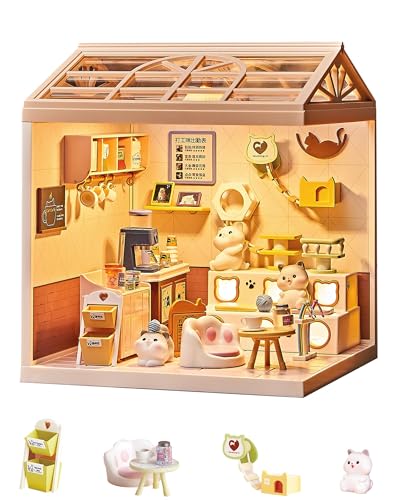 Kisoy DIY Miniature House Kit Tiny House Building Kit with Furniture and LED Light for Teens and Beginners DIY Mini House Craft Kit Christmas DecorationsGifts for Family and Friends Cat Cafe - Image 1