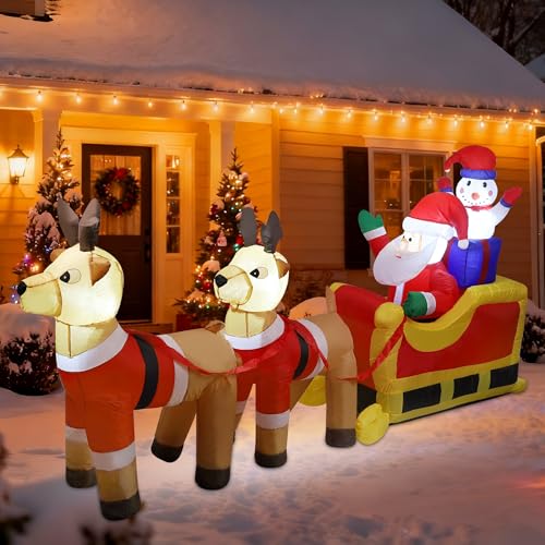 Cllayees 8ft Long Christmas Inflatable Santa Claus & Snowman on Sleigh with Reindeers, Xmas Blow up Yard Decorations with Built-in LED Lights for Outdoor Garden Lawn Xmas Holiday Decor - Image 1