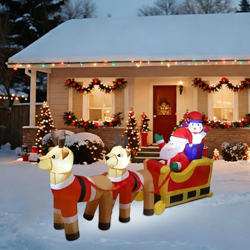 Cllayees 8ft Long Christmas Inflatable Santa Claus & Snowman on Sleigh with Reindeers, Xmas Blow up Yard Decorations with Built-in LED Lights for Outdoor Garden Lawn Xmas Holiday Decor - Image 5