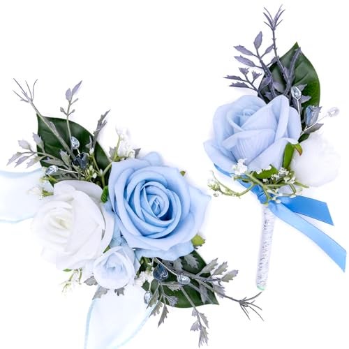 Fnize Fnize Blue Corsage and Boutonniere Set for Bride Groom Bridesmaids Groomsmen Wedding Homecoming Flowers Prom Suit  - Image 2