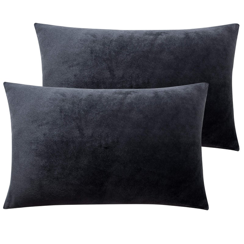 NTBAY 2 Pack Zippered Velvet Standard Pillowcases Super Soft and Cozy Luxury Fuzzy Flannel Pillow Cases with Zipper 50x75 cm Charcoal Grey
