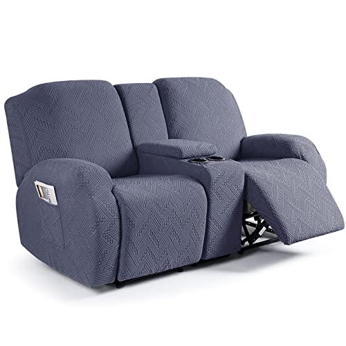 Ruaozz Stretch Loveseat Recliner Covers with Console 4Pieces Recliner Sofa Covers with Pockets Jacquard Reclining Couch Covers Furniture Protector with Elastic Straps Bottom 2 Seater Grey