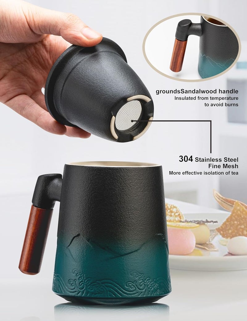 suyika Tea Cup with Infuser and Lid, 15.2 Ounce Wood Handle Ceramic Loose Leaf Mug Gradient Black&Green 450ml - Image 4