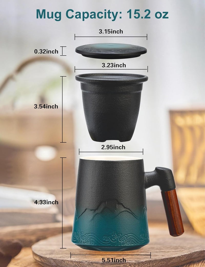 suyika Tea Cup with Infuser and Lid, 15.2 Ounce Wood Handle Ceramic Loose Leaf Mug Gradient Black&Green 450ml - Image 3