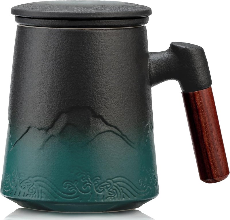 suyika Tea Cup with Infuser and Lid, 15.2 Ounce Wood Handle Ceramic Loose Leaf Mug Gradient Black&Green 450ml - Image 1