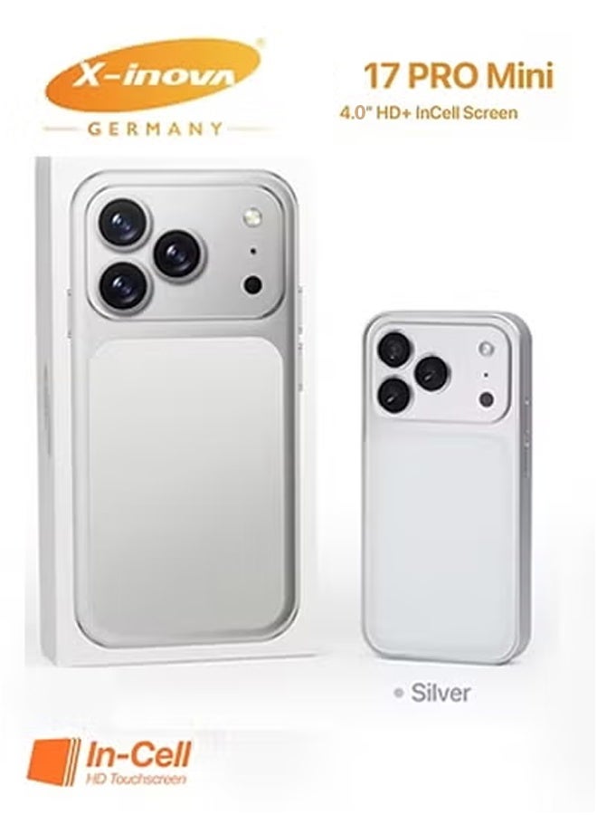 X-Inova Mini Smart Phone 17 Pro Mini 4.0" Display, 4GB+64GB Storage, 13MP Ultra Clear Rear Camera, Dual SIM Silver - Image 1