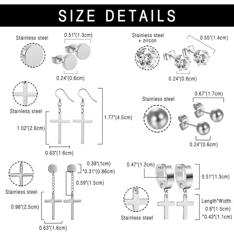 OIDEA 18 Pairs Stainless Steel Stud Dangle Earrings Set for Men Women Cool Huggie Hoop Earring Piercing Silver,Gold,Black - Image 3