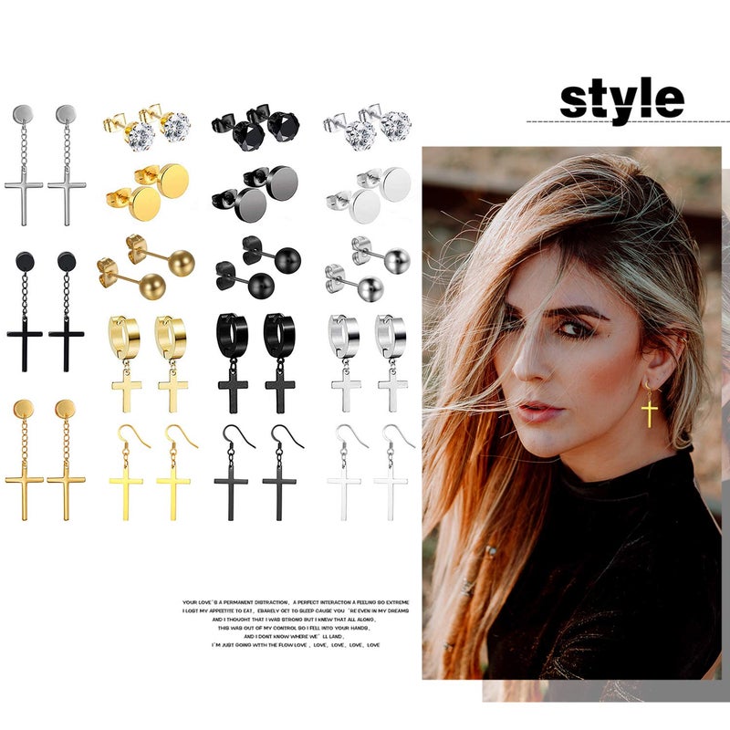 OIDEA 18 Pairs Stainless Steel Stud Dangle Earrings Set for Men Women Cool Huggie Hoop Earring Piercing Silver,Gold,Black - Image 5
