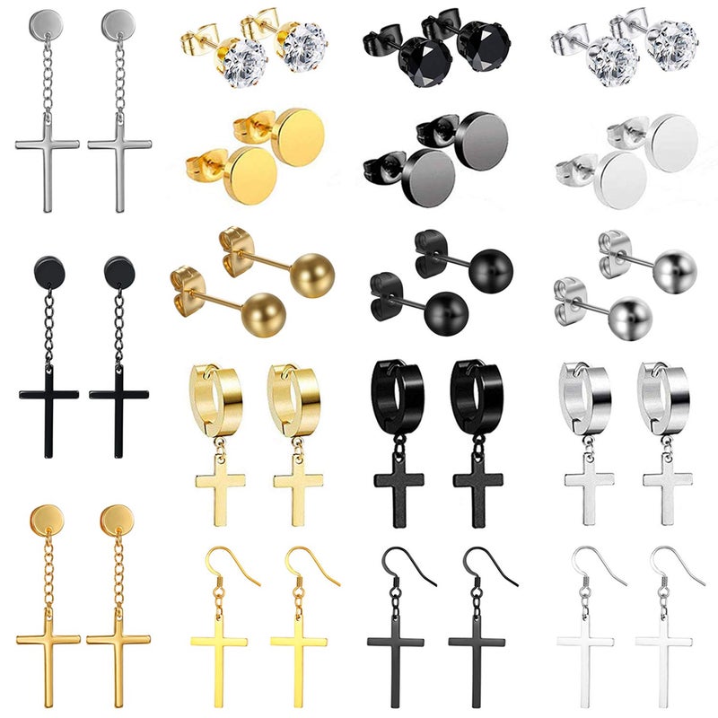 OIDEA 18 Pairs Stainless Steel Stud Dangle Earrings Set for Men Women Cool Huggie Hoop Earring Piercing Silver,Gold,Black - Image 1