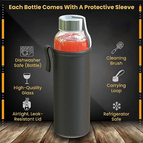 Chef's Star 18 Oz Glass Water Bottles, Glass Drinking Bottle with Protection Sleeve, Juice Bottles with Stainless Steel Leak Proof Lids, Pack of 6 - Image 2