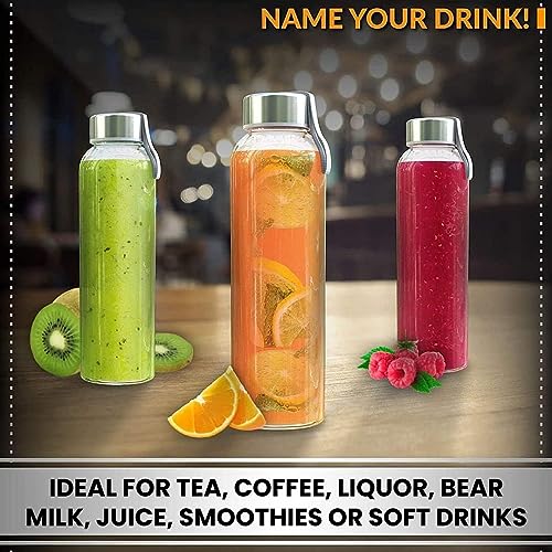 Chef's Star 18 Oz Glass Water Bottles, Glass Drinking Bottle with Protection Sleeve, Juice Bottles with Stainless Steel Leak Proof Lids, Pack of 6 - Image 4