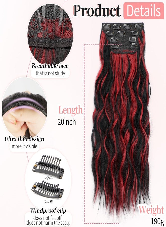 KooKaStyle Hair Extensions Black Mix Red Highlights 1B/113# Clip in Synthetic Highlight Hair Extensions Long Wavy 4PCS Thick Hairpieces 20 Inch for Women - Image 2