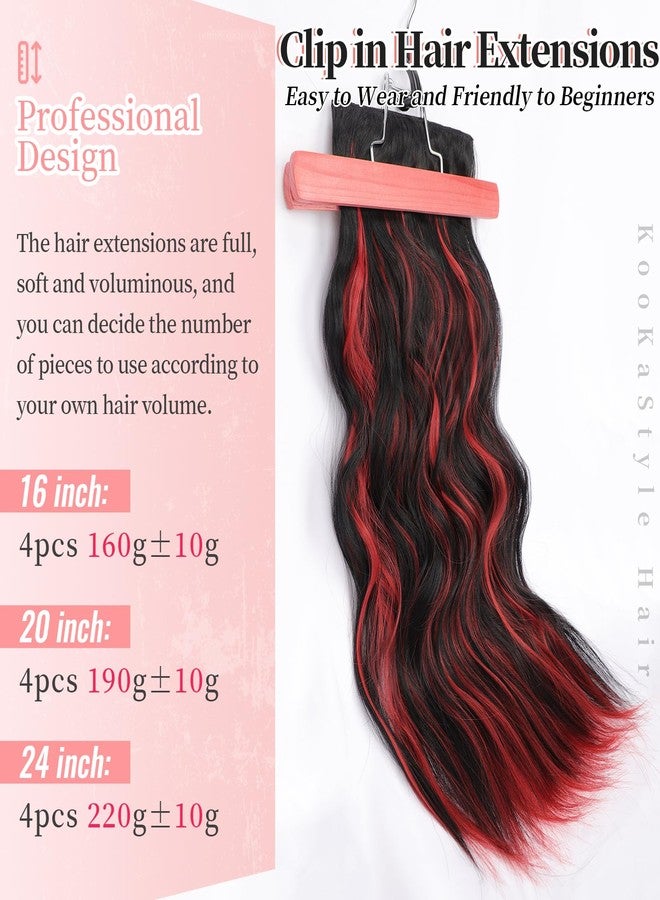 KooKaStyle Hair Extensions Black Mix Red Highlights 1B/113# Clip in Synthetic Highlight Hair Extensions Long Wavy 4PCS Thick Hairpieces 20 Inch for Women - Image 3