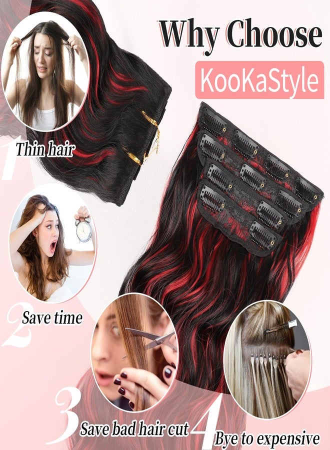 KooKaStyle Hair Extensions Black Mix Red Highlights 1B/113# Clip in Synthetic Highlight Hair Extensions Long Wavy 4PCS Thick Hairpieces 20 Inch for Women - Image 5