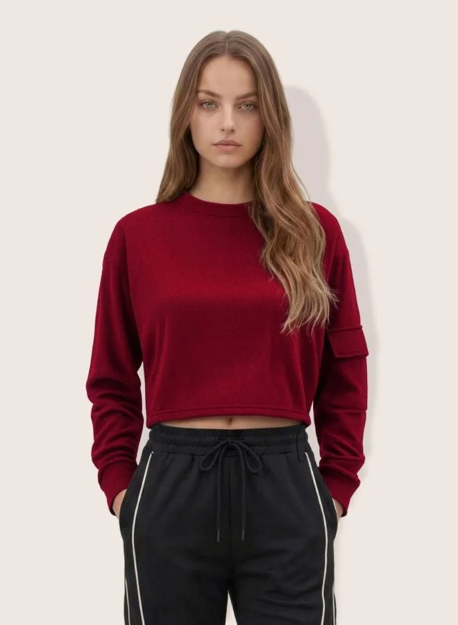 Women Boxy Fit Solid Crew Neck Long Sleeve Cropped Sweatshirt