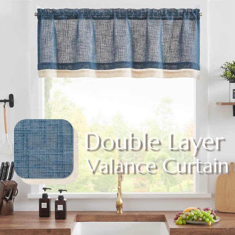 jinchan jinchan Linen Valance for Windows Farmhouse Valance for Living Room 16 Inch Slubbed Crossed Valance Double Layer Window Valance Light Filtering Rustic Country Valance Rod Pocket 1 Panel Navy Blue  - Image 2
