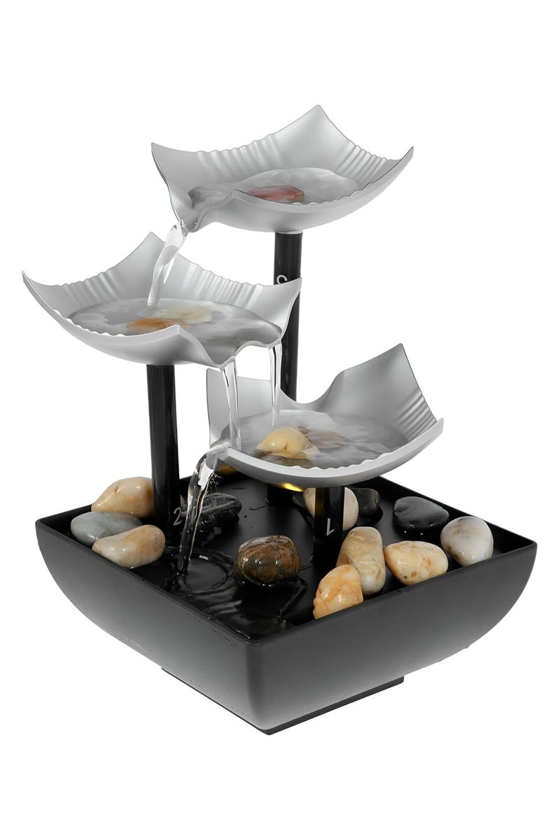 بلان A نافورة مياه ديكورية صغيرة بتصميم شلال ثلاثي الكؤوس مع إضاءة LED وحصى للزينة – تعمل بالكهرباء أو البطارية – ديكور مائي هادئ للمكتب، غرفة النوم أو المنزل لتخفيف التوتر والاسترخاء - Image 1