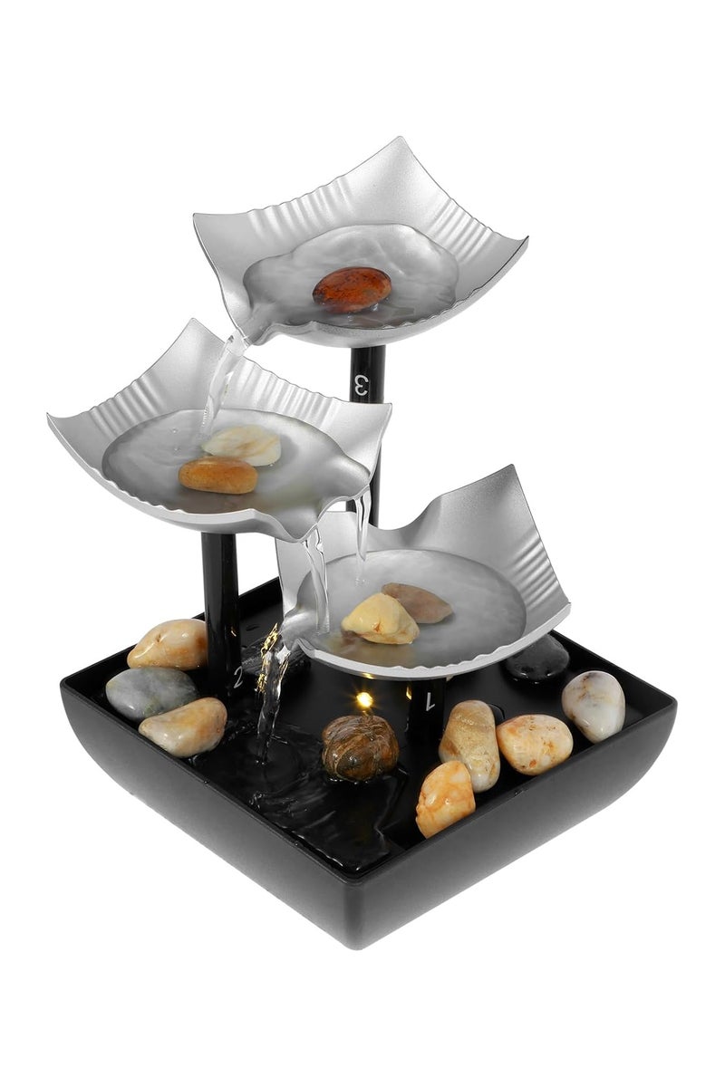 بلان A نافورة مياه ديكورية صغيرة بتصميم شلال ثلاثي الكؤوس مع إضاءة LED وحصى للزينة – تعمل بالكهرباء أو البطارية – ديكور مائي هادئ للمكتب، غرفة النوم أو المنزل لتخفيف التوتر والاسترخاء - Image 2