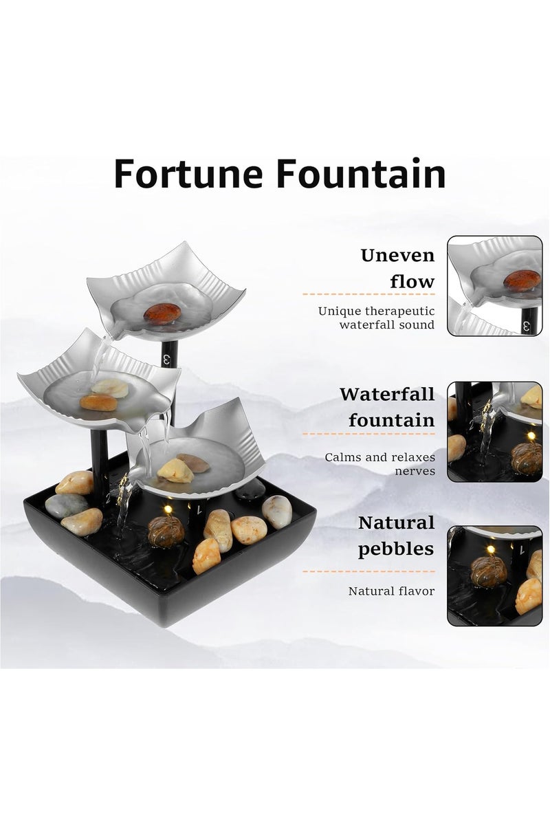 بلان A نافورة مياه ديكورية صغيرة بتصميم شلال ثلاثي الكؤوس مع إضاءة LED وحصى للزينة – تعمل بالكهرباء أو البطارية – ديكور مائي هادئ للمكتب، غرفة النوم أو المنزل لتخفيف التوتر والاسترخاء - Image 4