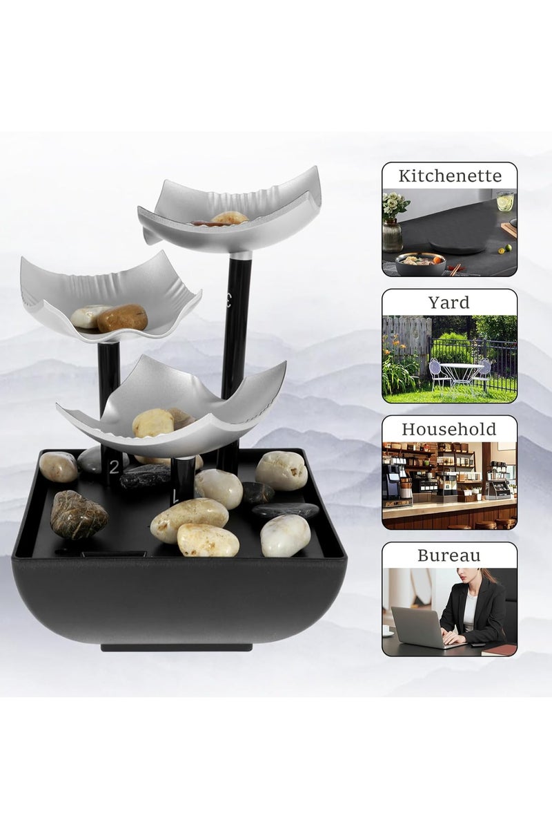 بلان A نافورة مياه ديكورية صغيرة بتصميم شلال ثلاثي الكؤوس مع إضاءة LED وحصى للزينة – تعمل بالكهرباء أو البطارية – ديكور مائي هادئ للمكتب، غرفة النوم أو المنزل لتخفيف التوتر والاسترخاء - Image 3