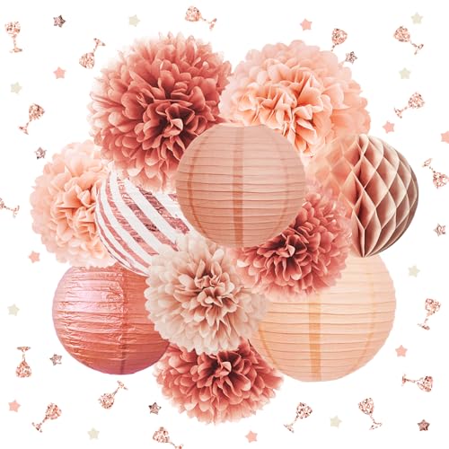 NICROLANDEE Rose Gold Party Decorations 12PCS Elegant Party Supplies Tissue Pom Poms Paper Lantern Glitter Confetti 30G for Valentines Wedding Bridal Shower Birthday Bachelorette Party Decorations