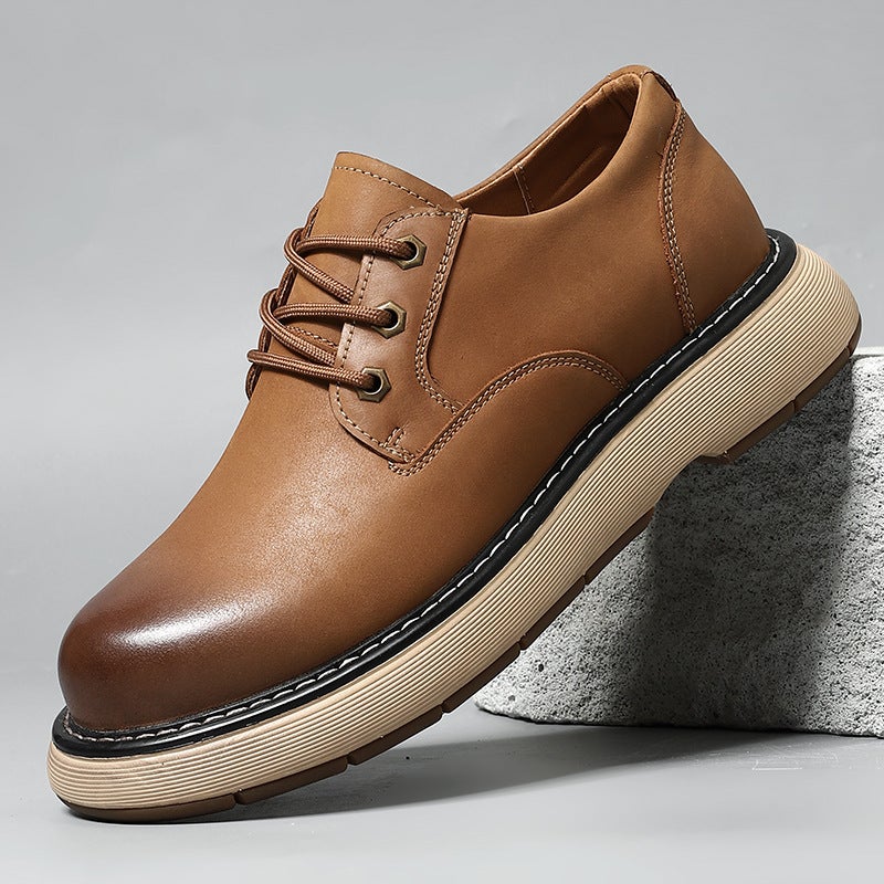 Spring First-Layer Cowhide Casual Leather Shoes For Men, Genuine Leather Solid-Soled Workwear, Thick-Soled Large-Toe Shoes, Retro American Workwear - Image 1