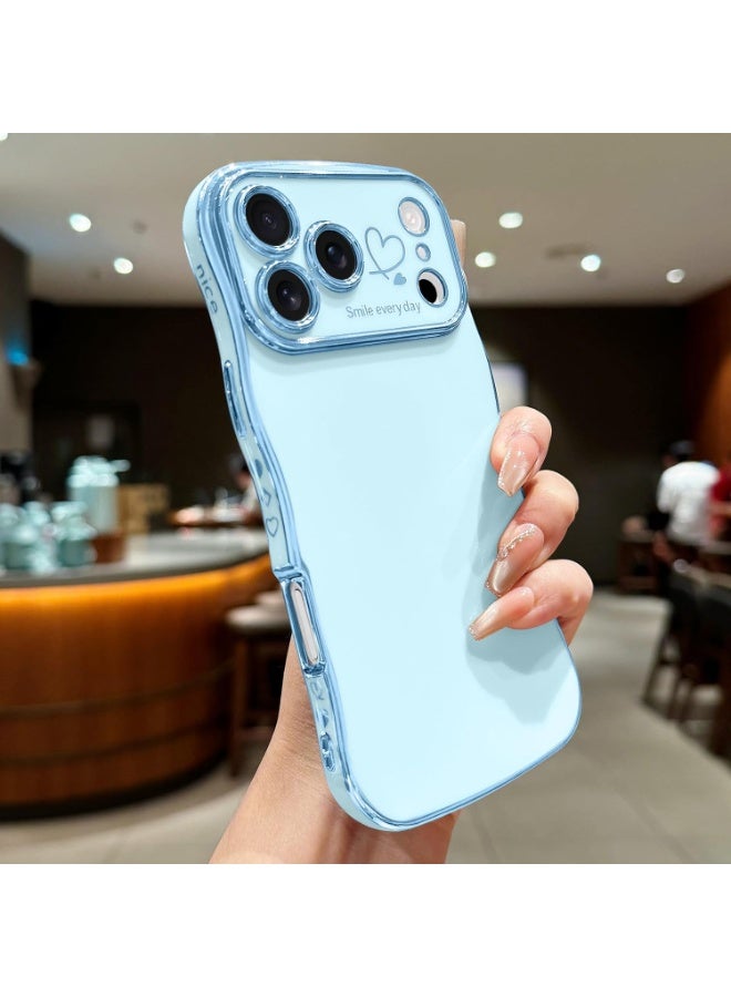 جراب أنيق لهاتف آيفون 17 برو ماكس، بتصميم مموج لطيف وشكل حلزوني مع غطاء حماية للكاميرا على شكل قلب، مطلي بطلاء فاخر مقاوم للصدمات، متوفر باللون الأزرق الفاتح. - Image 5