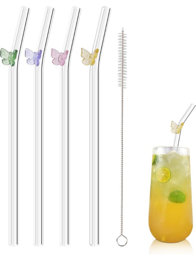 4 Pcs Reusable Straws Clear Glass Straws Colorful Butterfly Design Size 7.8" x 8mm with 1 Cleaning Brush for Smoothies, Milkshakes, Juices, Teas (Colorful Butterfly) - Image 1