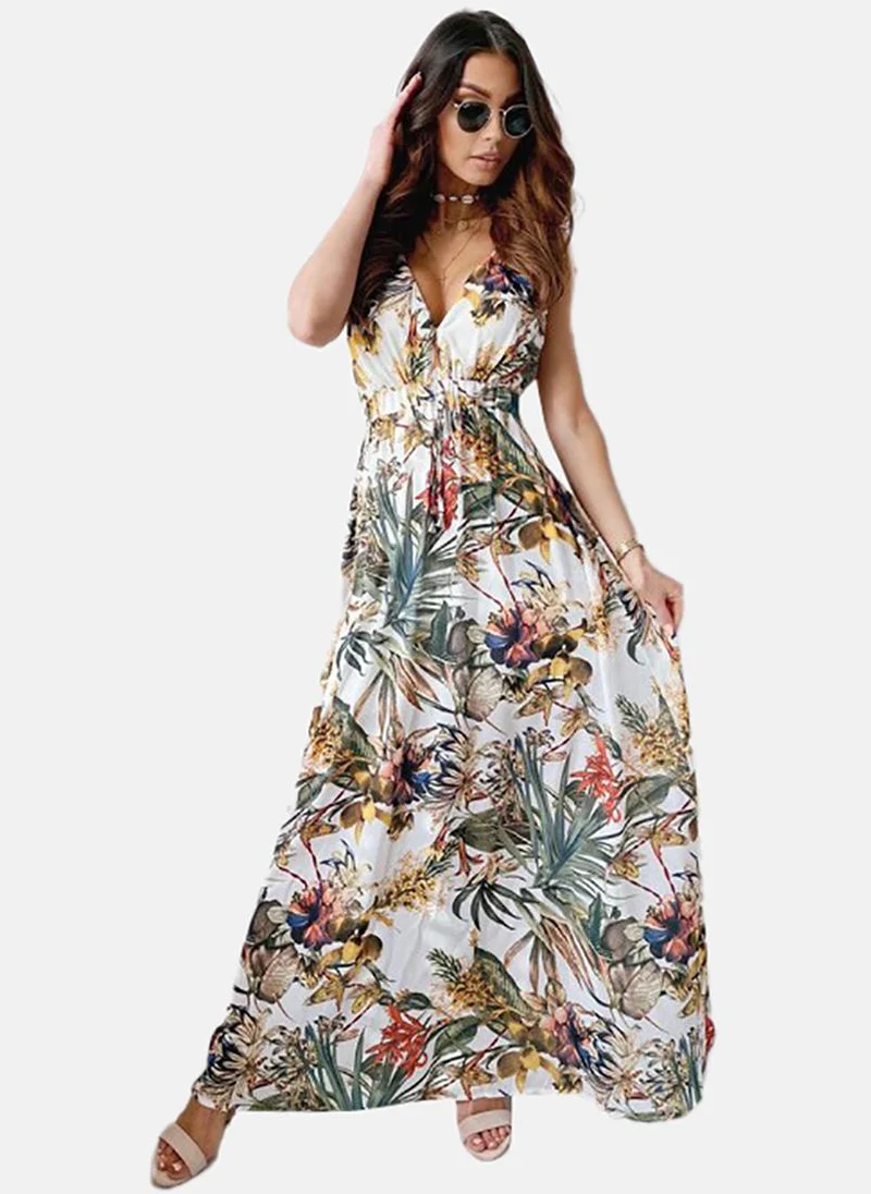 YUNIQEE White Floral Printed Sleeveless Maxi Dress