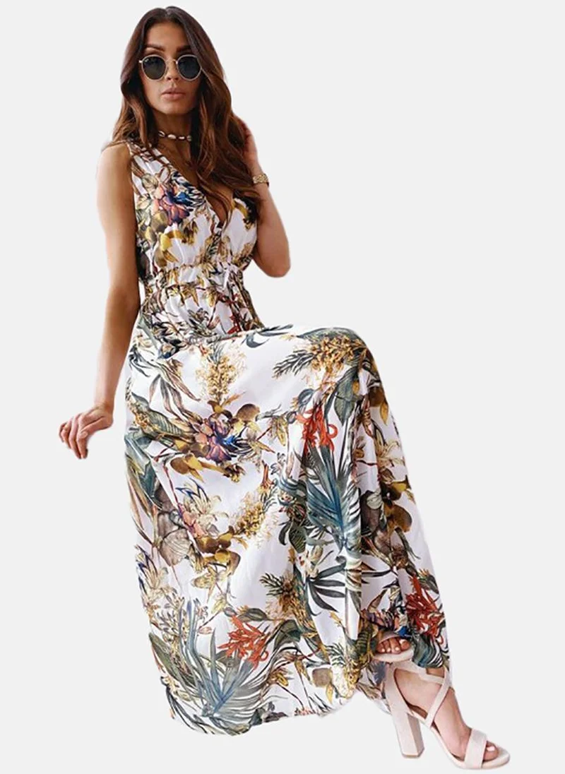 YUNIQEE White Floral Printed Sleeveless Maxi Dress