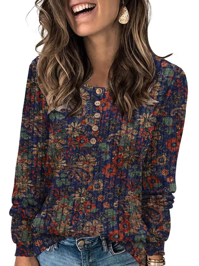 DB MOON Womens Long Sleeve Tops Lightweight Sweaters 2026 Fall Henley Shirt Casual Crewneck Loose Tunic XL Navy Blue Floral - Image 1
