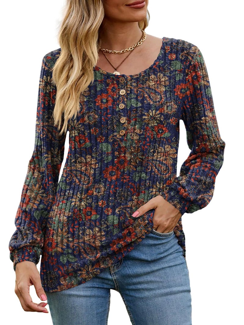 DB MOON Womens Long Sleeve Tops Lightweight Sweaters 2026 Fall Henley Shirt Casual Crewneck Loose Tunic XL Navy Blue Floral - Image 3
