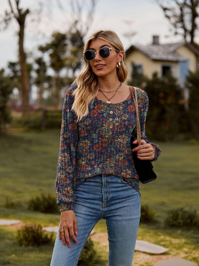 DB MOON Womens Long Sleeve Tops Lightweight Sweaters 2026 Fall Henley Shirt Casual Crewneck Loose Tunic XL Navy Blue Floral - Image 2