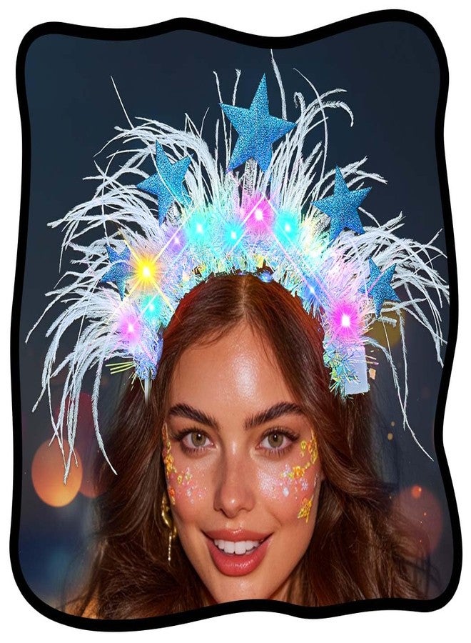 كامبسيس طوق رأس مضيء على شكل نجمة من كامبسيس، غطاء رأس مزين بريشة زرقاء بتقنية LED، إكسسوارات شعر متوهجة لحفلات الرقص للنساء - Image 1