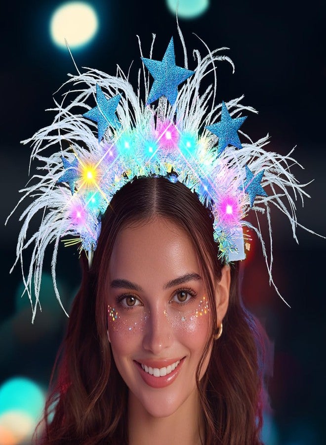 كامبسيس طوق رأس مضيء على شكل نجمة من كامبسيس، غطاء رأس مزين بريشة زرقاء بتقنية LED، إكسسوارات شعر متوهجة لحفلات الرقص للنساء - Image 4