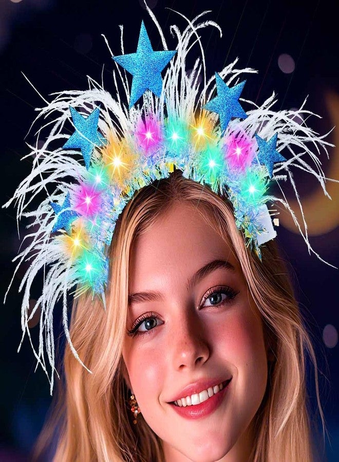 كامبسيس طوق رأس مضيء على شكل نجمة من كامبسيس، غطاء رأس مزين بريشة زرقاء بتقنية LED، إكسسوارات شعر متوهجة لحفلات الرقص للنساء - Image 2