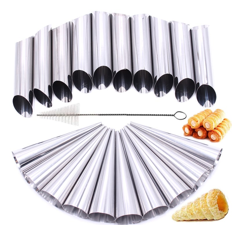 FIVOENDAR Stainless Steel Cream Horn Molds  21 Pcs Cannoli Form Tubes Croissant Baking Molds with Cleaning Brush