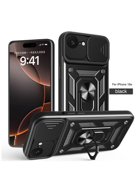 for iPhone 16e Case, Slide Camera Lens Cover, Magnetic Ring Holder Kickstand Protective Phone Case for iPhone 16e, Black