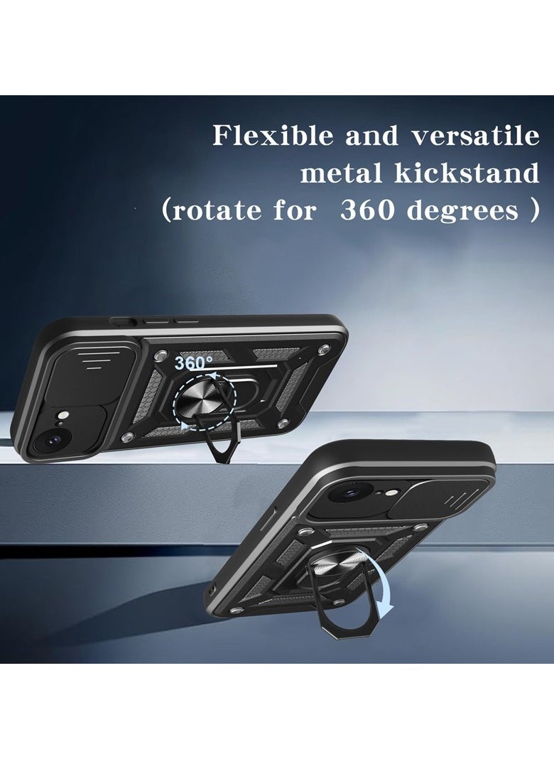 for iPhone 16e Case, Slide Camera Lens Cover, Magnetic Ring Holder Kickstand Protective Phone Case for iPhone 16e, Black