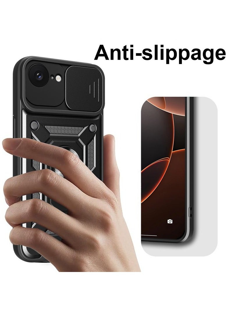 for iPhone 16e Case, Slide Camera Lens Cover, Magnetic Ring Holder Kickstand Protective Phone Case for iPhone 16e, Black