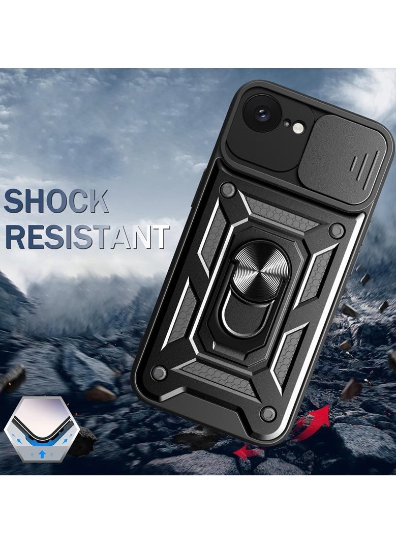 for iPhone 16e Case, Slide Camera Lens Cover, Magnetic Ring Holder Kickstand Protective Phone Case for iPhone 16e, Black